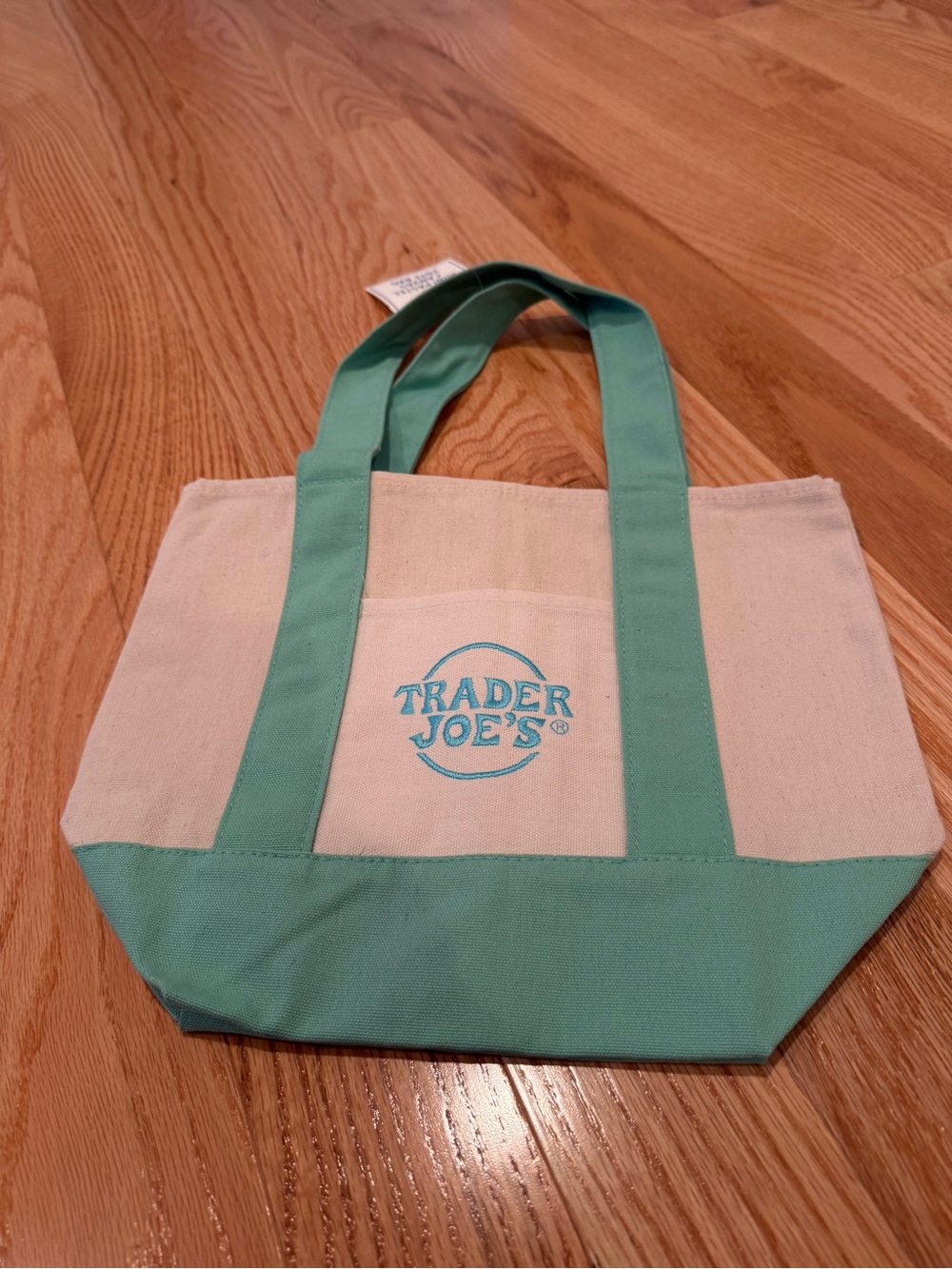 Trader Joeâs NWT mini green Canvas Tote Bag in Teal and Natural